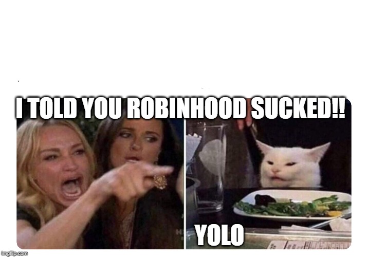 Housewives cat | I TOLD YOU ROBINHOOD SUCKED!! YOLO | image tagged in housewives cat | made w/ Imgflip meme maker