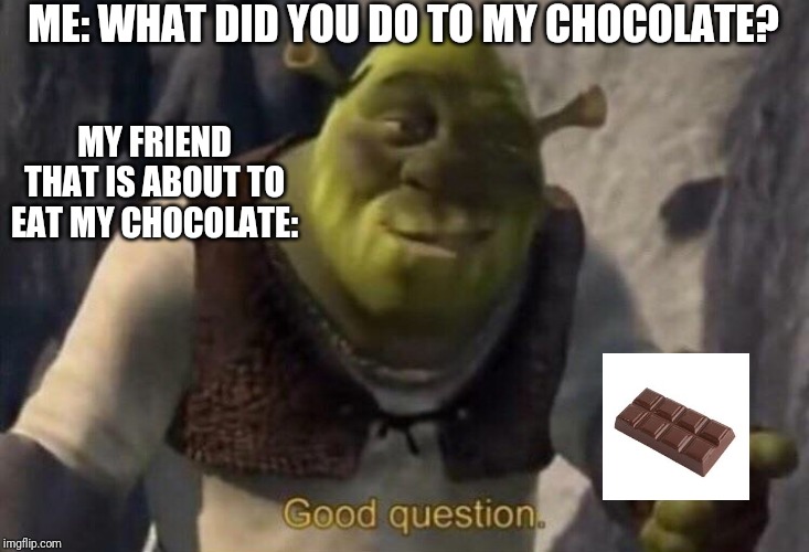 Was That Really Necessary? | ME: WHAT DID YOU DO TO MY CHOCOLATE? MY FRIEND THAT IS ABOUT TO EAT MY CHOCOLATE: | image tagged in shrek good question | made w/ Imgflip meme maker