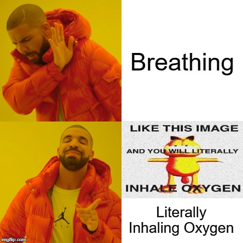 INHALE OXYGEN |  Breathing; Literally Inhaling Oxygen | image tagged in memes,drake hotline bling,oxygen,heavy breathing,hehehe | made w/ Imgflip meme maker