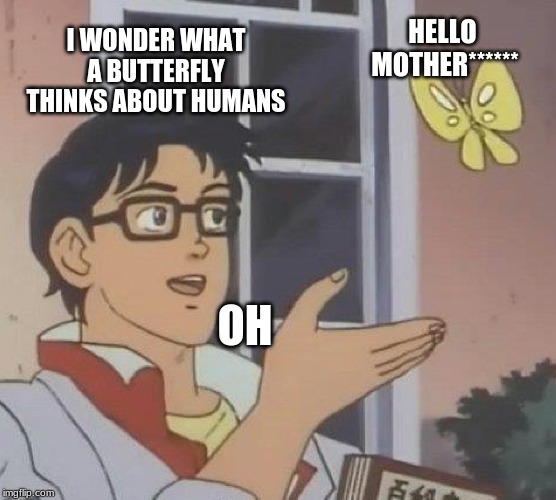 Is This A Pigeon | I WONDER WHAT A BUTTERFLY THINKS ABOUT HUMANS; HELLO  MOTHER******; OH | image tagged in memes,is this a pigeon | made w/ Imgflip meme maker