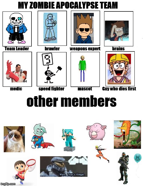 my zombie team | other members | image tagged in my zombie apocalypse team,memes,lol,funny,funny memes | made w/ Imgflip meme maker