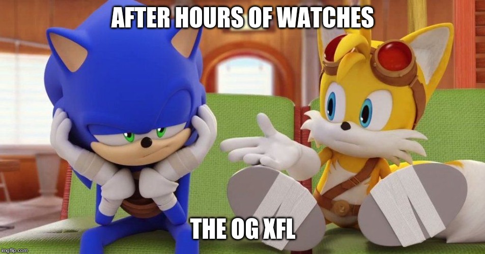 Oh brother | AFTER HOURS OF WATCHES; THE OG XFL | image tagged in sonic | made w/ Imgflip meme maker