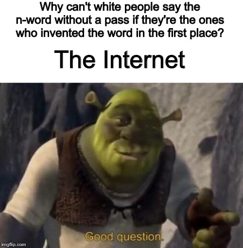 Big brain time | Why can't white people say the n-word without a pass if they're the ones who invented the word in the first place? The Internet | image tagged in shrek good question | made w/ Imgflip meme maker