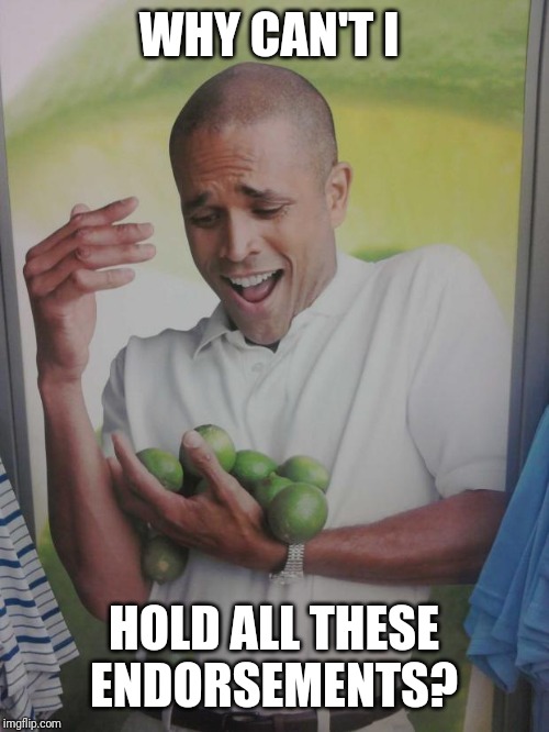 Why Can't I Hold All These Limes Meme | WHY CAN'T I; HOLD ALL THESE ENDORSEMENTS? | image tagged in memes,why can't i hold all these limes,JoeBiden | made w/ Imgflip meme maker