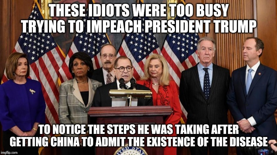 House Democrats | THESE IDIOTS WERE TOO BUSY TRYING TO IMPEACH PRESIDENT TRUMP TO NOTICE THE STEPS HE WAS TAKING AFTER GETTING CHINA TO ADMIT THE EXISTENCE OF | image tagged in house democrats | made w/ Imgflip meme maker