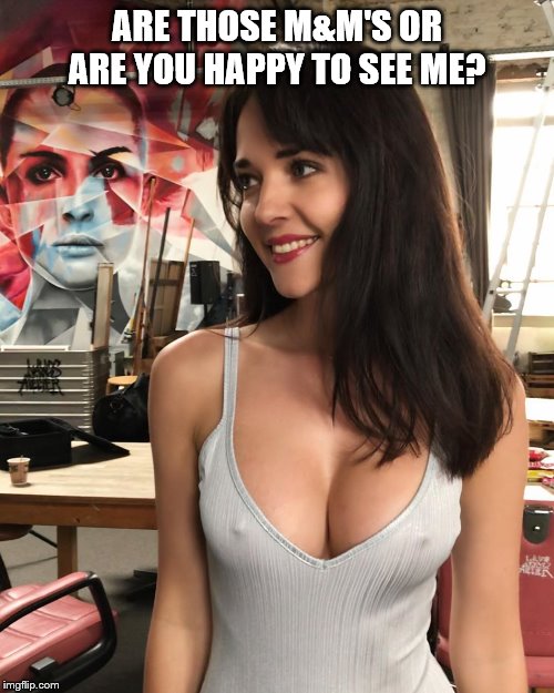ARE THOSE M&M'S OR ARE YOU HAPPY TO SEE ME? | image tagged in boobs,nipples,funny memes,nsfw | made w/ Imgflip meme maker