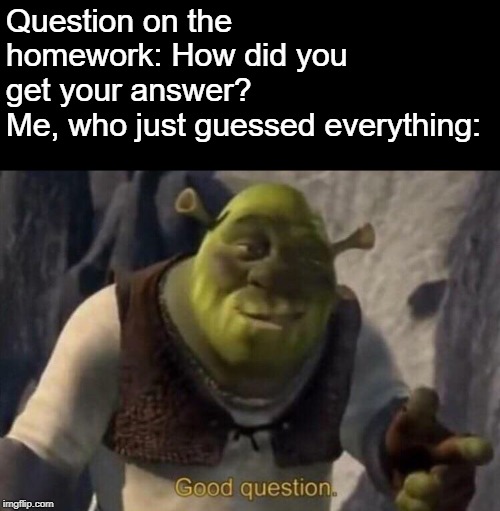 I dunno, man. | Question on the homework: How did you get your answer?
Me, who just guessed everything: | image tagged in shrek good question,i don't know,homework,answer | made w/ Imgflip meme maker