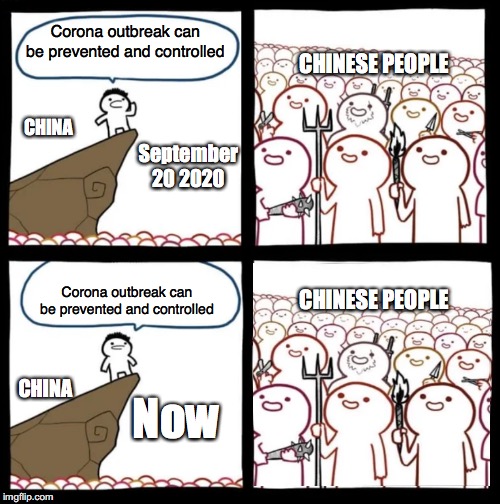 Cliff Announcement | Corona outbreak can be prevented and controlled; CHINESE PEOPLE; CHINA; September 20 2020; CHINESE PEOPLE; Corona outbreak can be prevented and controlled; CHINA; Now | image tagged in cliff announcement | made w/ Imgflip meme maker
