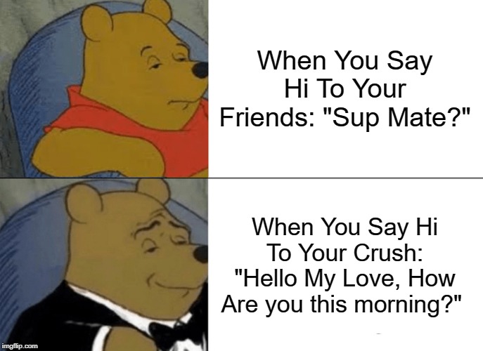 Tuxedo Winnie The Pooh | When You Say Hi To Your Friends: "Sup Mate?"; When You Say Hi To Your Crush: "Hello My Love, How Are you this morning?" | image tagged in memes,tuxedo winnie the pooh,crush,funny,flirting,love | made w/ Imgflip meme maker