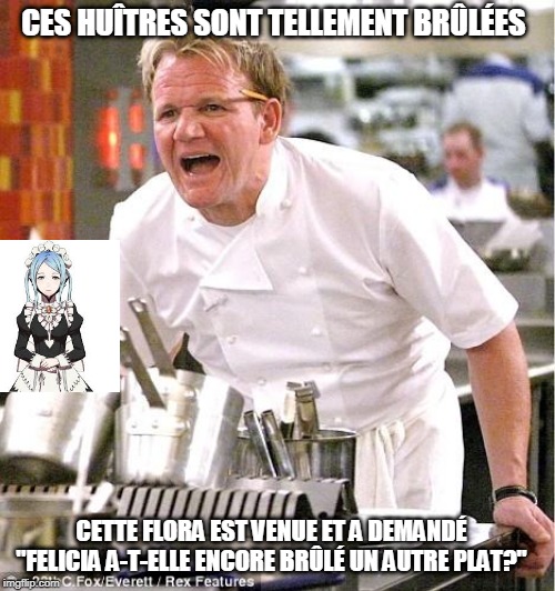 Chef Gordon Ramsay |  CES HUÎTRES SONT TELLEMENT BRÛLÉES; CETTE FLORA EST VENUE ET A DEMANDÉ "FELICIA A-T-ELLE ENCORE BRÛLÉ UN AUTRE PLAT?" | image tagged in memes,chef gordon ramsay | made w/ Imgflip meme maker