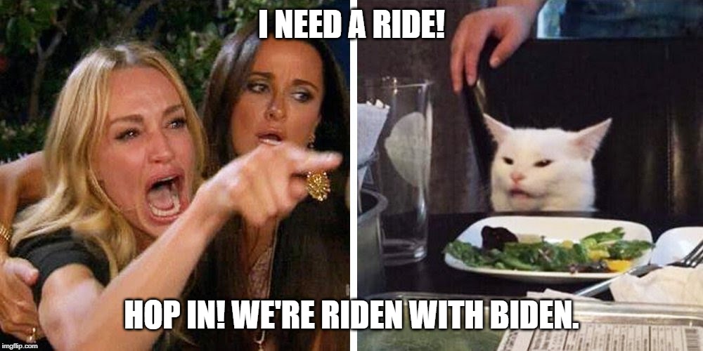 Smudge the cat | I NEED A RIDE! HOP IN! WE'RE RIDEN WITH BIDEN. | image tagged in smudge the cat | made w/ Imgflip meme maker