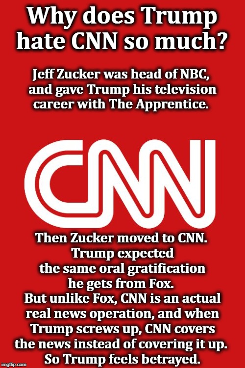 Fox News, the Official Government-run Television of Trumpworld. | Why does Trump hate CNN so much? Jeff Zucker was head of NBC, 
and gave Trump his television career with The Apprentice. Then Zucker moved to CNN. 
Trump expected the same oral gratification he gets from Fox. 
But unlike Fox, CNN is an actual real news operation, and when Trump screws up, CNN covers the news instead of covering it up. 
So Trump feels betrayed. | image tagged in cnn,trump,nbc,the apprentice,fox news | made w/ Imgflip meme maker