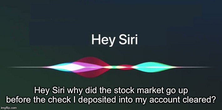 Hey Siri! | Hey Siri why did the stock market go up before the check I deposited into my account cleared? | image tagged in hey siri | made w/ Imgflip meme maker