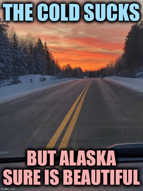 Edge of the world baby! | THE COLD SUCKS; BUT ALASKA SURE IS BEAUTIFUL | image tagged in pie charts,bad luck brian,boardroom meeting suggestion,left exit 12 off ramp,batman slapping robin,distracted boyfriend | made w/ Imgflip meme maker