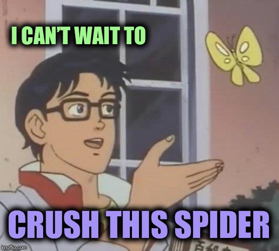 I cannot tolerate infestation | I CAN’T WAIT TO; CRUSH THIS SPIDER | image tagged in memes,is this a pigeon,pie charts,batman slapping robin,demotivationals,boardroom meeting suggestion | made w/ Imgflip meme maker