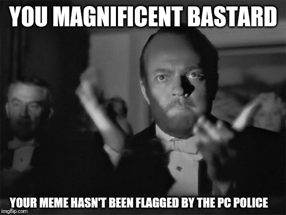 clapping | YOU MAGNIFICENT BASTARD YOUR MEME HASN'T BEEN FLAGGED BY THE PC POLICE | image tagged in clapping | made w/ Imgflip meme maker