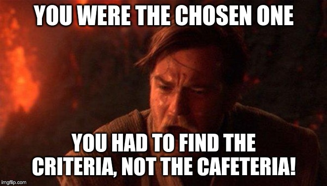 You Were The Chosen One (Star Wars) | YOU WERE THE CHOSEN ONE; YOU HAD TO FIND THE CRITERIA, NOT THE CAFETERIA! | image tagged in memes,you were the chosen one star wars | made w/ Imgflip meme maker