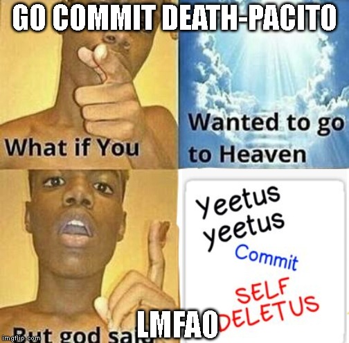 WHAT if you wanted to go to Heaven | GO COMMIT DEATH-PACITO; LMFAO | image tagged in what if you wanted to go to heaven | made w/ Imgflip meme maker