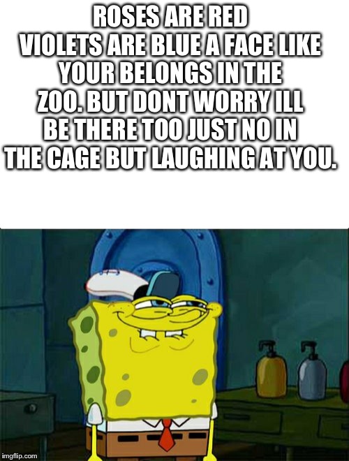 ROSES ARE RED VIOLETS ARE BLUE A FACE LIKE YOUR BELONGS IN THE ZOO. BUT DONT WORRY ILL BE THERE TOO JUST NO IN THE CAGE BUT LAUGHING AT YOU. | image tagged in memes,dont you squidward | made w/ Imgflip meme maker