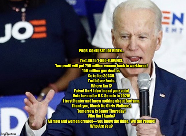 Poor, Confused Joe Biden | POOR, CONFUSED JOE BIDEN...
 


Text JOE to 1-800-FLOWERS.
Tax credit will put 750 million women back in workforce!
150 million gun deaths. 
Go to Joe 30330.
Truth Over Facts.
Where Am I?
Fatso! Liar! I don’t need your vote!
Vote for me for U.S. Senate in 2020!
I trust Hunter and knew nothing about Burisma.
Thank you, Chuck (to Chris Wallace).
Tomorrow is Super Thursday!
Who Am I Again?
All men and women created—you know the thing.  We the People!
Who Are You? | image tagged in poor confused joe biden,memes,dump joe biden quickly,2020 nomination,democrats | made w/ Imgflip meme maker