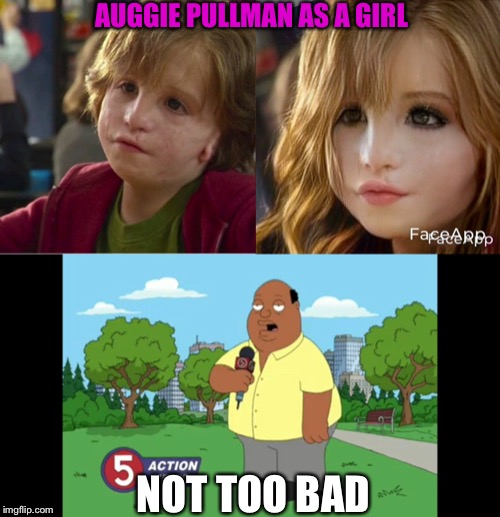 AUGGIE PULLMAN AS A GIRL; NOT TOO BAD | image tagged in faceapp,wonder,not bad,girl,ollie williams,face | made w/ Imgflip meme maker