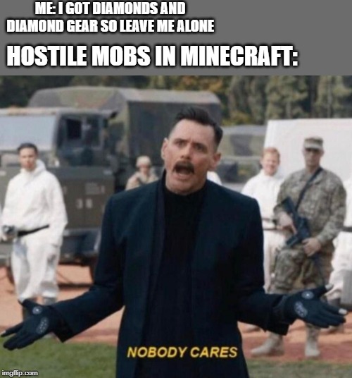 Hostile mobs and minecraft players | ME: I GOT DIAMONDS AND DIAMOND GEAR SO LEAVE ME ALONE; HOSTILE MOBS IN MINECRAFT: | image tagged in nobody cares,minecraft,memes | made w/ Imgflip meme maker