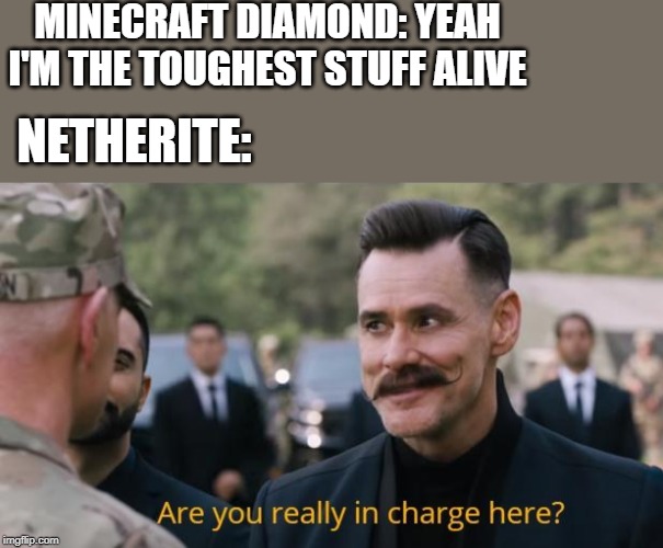 netherite is in charge | MINECRAFT DIAMOND: YEAH I'M THE TOUGHEST STUFF ALIVE; NETHERITE: | image tagged in memes,minecraft,sonic movie | made w/ Imgflip meme maker