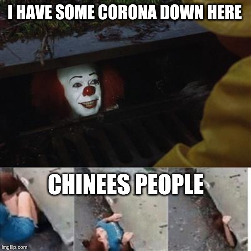 pennywise in sewer | I HAVE SOME CORONA DOWN HERE; CHINEES PEOPLE | image tagged in pennywise in sewer | made w/ Imgflip meme maker