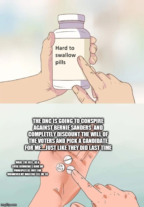 Hard To Swallow Pills | THE DNC IS GOING TO CONSPIRE AGAINST BERNIE SANDERS  AND COMPLETELY DISCOUNT THE WILL OF THE VOTERS AND PICK A CANDIDATE FOR ME....JUST LIKE THEY DID LAST TIME; WHAT THE HELL, AS A LOYAL DEMOCRAT I HAVE NO PRINCIPLES ILL VOTE FOR WHOMEVER MY MASTERS TELL ME TO | image tagged in memes,hard to swallow pills | made w/ Imgflip meme maker