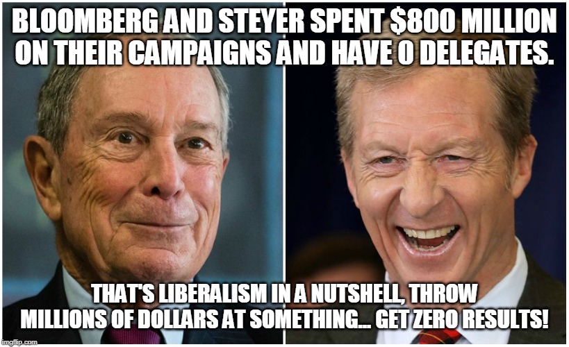Bloomberg and Steyer | BLOOMBERG AND STEYER SPENT $800 MILLION ON THEIR CAMPAIGNS AND HAVE 0 DELEGATES. THAT'S LIBERALISM IN A NUTSHELL, THROW MILLIONS OF DOLLARS AT SOMETHING... GET ZERO RESULTS! | image tagged in bloomberg,steyer,democratic candidates,election 2020,liberalism | made w/ Imgflip meme maker