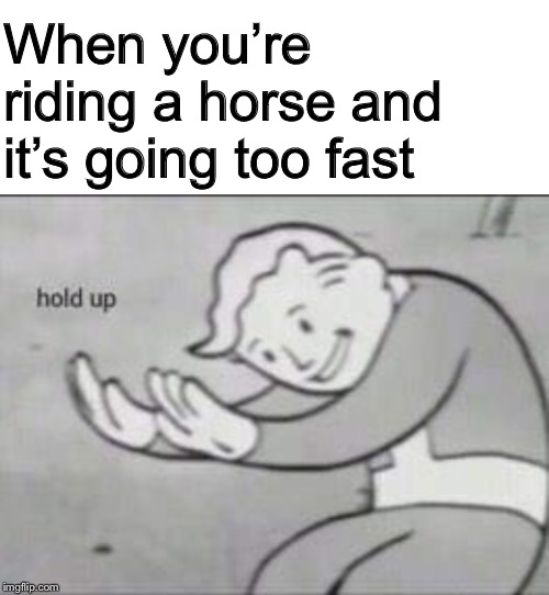 When you’re riding a horse and it’s going too fast | image tagged in blank white template,fallout hold up | made w/ Imgflip meme maker