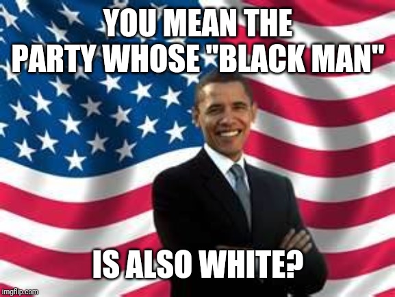 Obama Meme | YOU MEAN THE PARTY WHOSE "BLACK MAN" IS ALSO WHITE? | image tagged in memes,obama | made w/ Imgflip meme maker