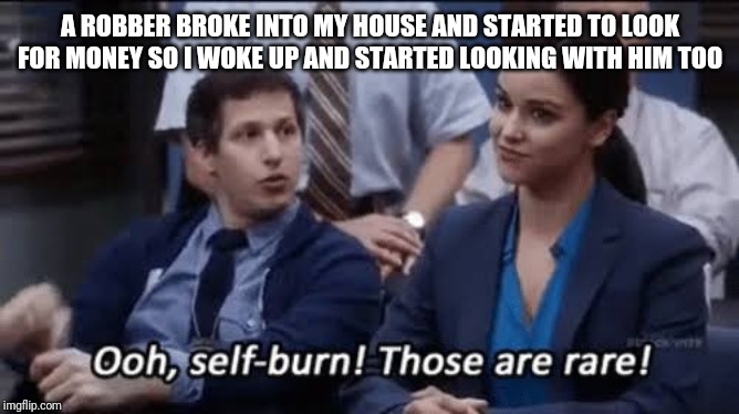 Ooh, self-burn! Those are rare! | A ROBBER BROKE INTO MY HOUSE AND STARTED TO LOOK FOR MONEY SO I WOKE UP AND STARTED LOOKING WITH HIM TOO | image tagged in ooh self-burn those are rare | made w/ Imgflip meme maker