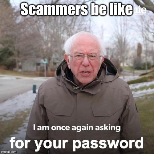 Bernie I Am Once Again Asking For Your Support Meme | Scammers be like; for your password | image tagged in bernie i am once again asking for your support | made w/ Imgflip meme maker