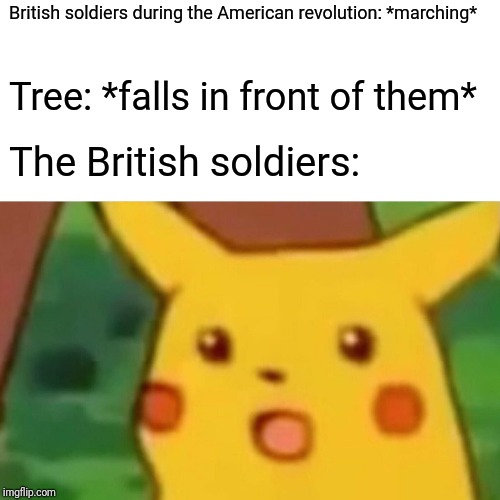 Surprised Pikachu Meme | British soldiers during the American revolution: *marching*; Tree: *falls in front of them*; The British soldiers: | image tagged in memes,surprised pikachu | made w/ Imgflip meme maker