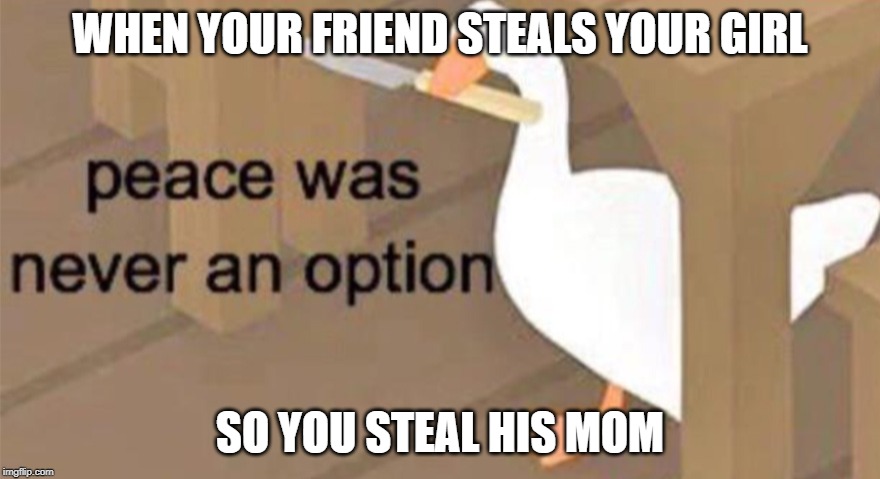 Untitled Goose Peace Was Never an Option | WHEN YOUR FRIEND STEALS YOUR GIRL; SO YOU STEAL HIS MOM | image tagged in untitled goose peace was never an option | made w/ Imgflip meme maker