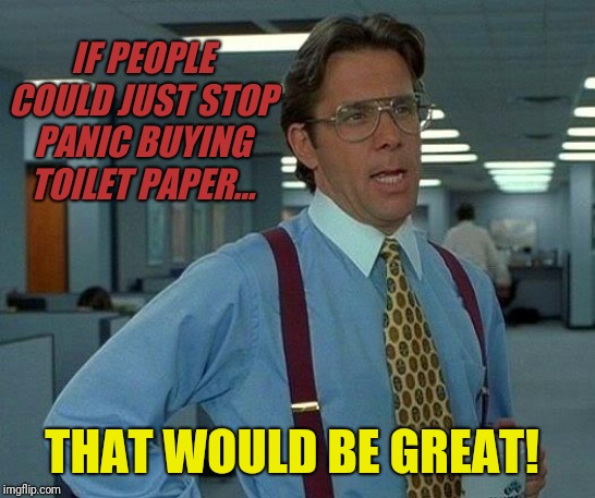 Panic Buying Virus | IF PEOPLE COULD JUST STOP PANIC BUYING TOILET PAPER... THAT WOULD BE GREAT! | image tagged in memes,that would be great,corona virus,toilet paper,panic | made w/ Imgflip meme maker