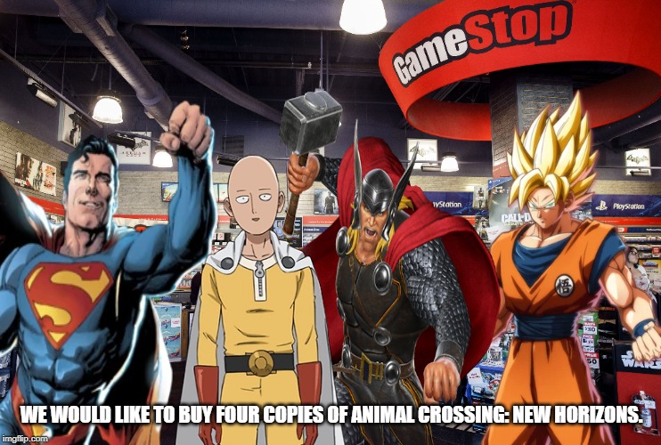 Four bois buying stuff | WE WOULD LIKE TO BUY FOUR COPIES OF ANIMAL CROSSING: NEW HORIZONS. | image tagged in funny memes | made w/ Imgflip meme maker