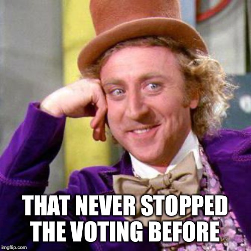 Willy Wonka Blank | THAT NEVER STOPPED THE VOTING BEFORE | image tagged in willy wonka blank | made w/ Imgflip meme maker