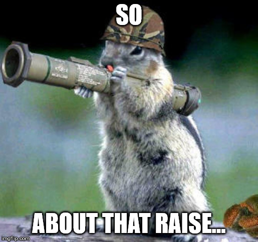 Bazooka Squirrel | SO; ABOUT THAT RAISE... | image tagged in memes,bazooka squirrel | made w/ Imgflip meme maker