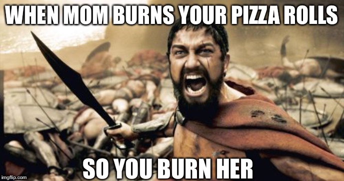 Sparta Leonidas | WHEN MOM BURNS YOUR PIZZA ROLLS; SO YOU BURN HER | image tagged in memes,sparta leonidas | made w/ Imgflip meme maker