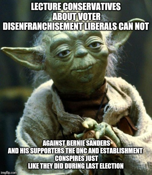 Star Wars Yoda Meme | LECTURE CONSERVATIVES  ABOUT VOTER DISENFRANCHISEMENT LIBERALS CAN NOT; AGAINST BERNIE SANDERS AND HIS SUPPORTERS THE DNC AND ESTABLISHMENT 
 CONSPIRES JUST LIKE THEY DID DURING LAST ELECTION | image tagged in memes,star wars yoda | made w/ Imgflip meme maker
