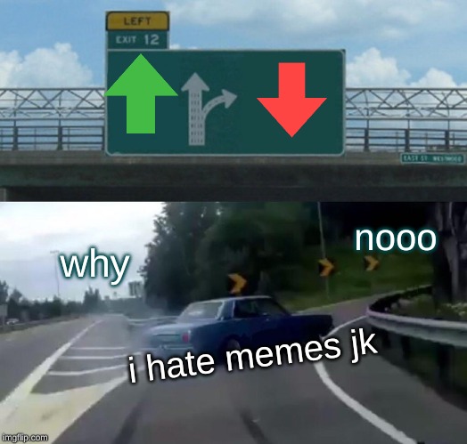Left Exit 12 Off Ramp Meme | nooo; why; i hate memes jk | image tagged in memes,left exit 12 off ramp | made w/ Imgflip meme maker