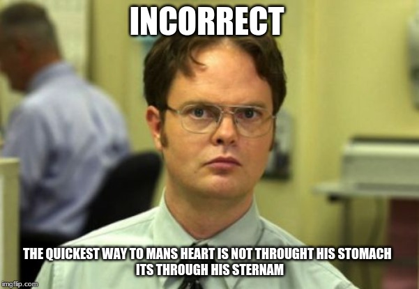 False | INCORRECT; THE QUICKEST WAY TO MANS HEART IS NOT THROUGHT HIS STOMACH  
ITS THROUGH HIS STERNAM | image tagged in false | made w/ Imgflip meme maker