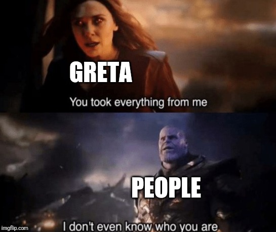 Thunberg Witch | GRETA; PEOPLE | image tagged in you took everything from me,greta thunberg,thanos,memes,avengers endgame | made w/ Imgflip meme maker
