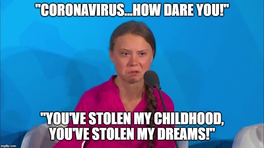 Greta coronavirus | "CORONAVIRUS...HOW DARE YOU!"; "YOU'VE STOLEN MY CHILDHOOD, YOU'VE STOLEN MY DREAMS!" | image tagged in how dare you - greta thunberg,coronavirus,covid19,greta thunberg,how dare you | made w/ Imgflip meme maker