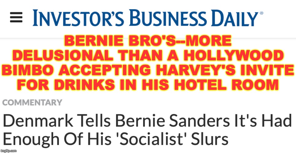 UGH! Can't reality just be like it is in their heads! | BERNIE BRO'S--MORE DELUSIONAL THAN A HOLLYWOOD BIMBO ACCEPTING HARVEY'S INVITE FOR DRINKS IN HIS HOTEL ROOM | image tagged in denmark ain't socialist | made w/ Imgflip meme maker
