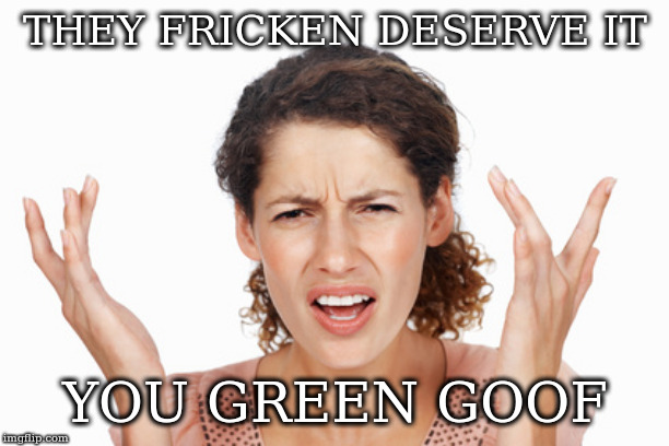 don't take this out of context | THEY FRICKEN DESERVE IT; YOU GREEN GOOF | image tagged in indignant | made w/ Imgflip meme maker