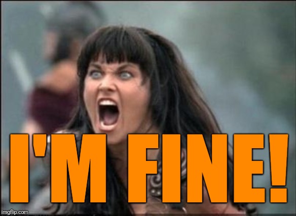 Angry Xena | I'M FINE! | image tagged in angry xena | made w/ Imgflip meme maker
