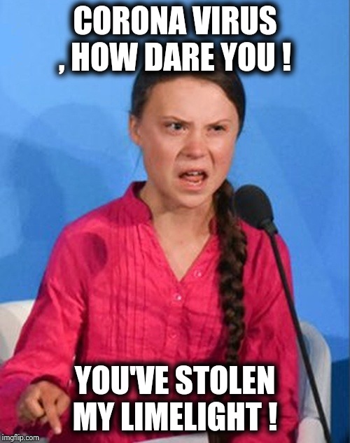 Nobody loves her anymore | CORONA VIRUS , HOW DARE YOU ! YOU'VE STOLEN MY LIMELIGHT ! | image tagged in greta thunberg how dare you,fame,stolen,virus,will you press the button | made w/ Imgflip meme maker